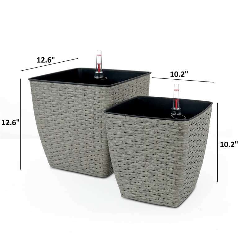 Benjara Aly Self Watering Planter Set of 2- Intricately Hand Woven Rattan- Gray