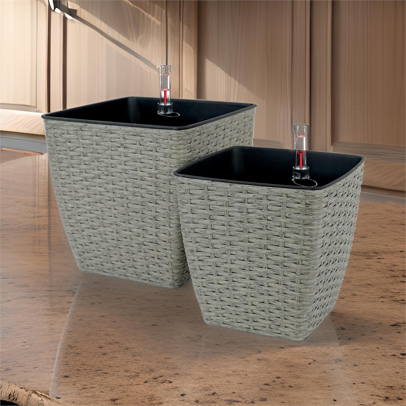 Benjara Aly Self Watering Planter Set of 2- Intricately Hand Woven Rattan- Gray