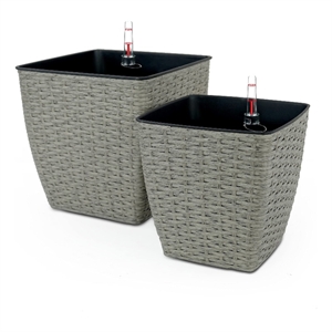 Benjara Aly Self Watering Planter Set of 2- Intricately Hand Woven Rattan- Gray