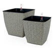 Benjara Aly Self Watering Planter Set of 2- Intricately Hand Woven Rattan- Gray