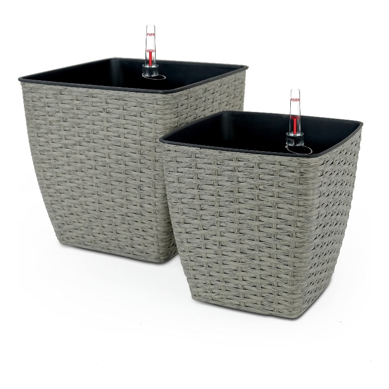 Benjara Aly Self Watering Planter Set of 2- Intricately Hand Woven Rattan- Gray