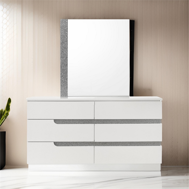 Benjara Ara 33 x 39 Dresser Mirror-Crystal Accents-White Glossy Laminate Finish