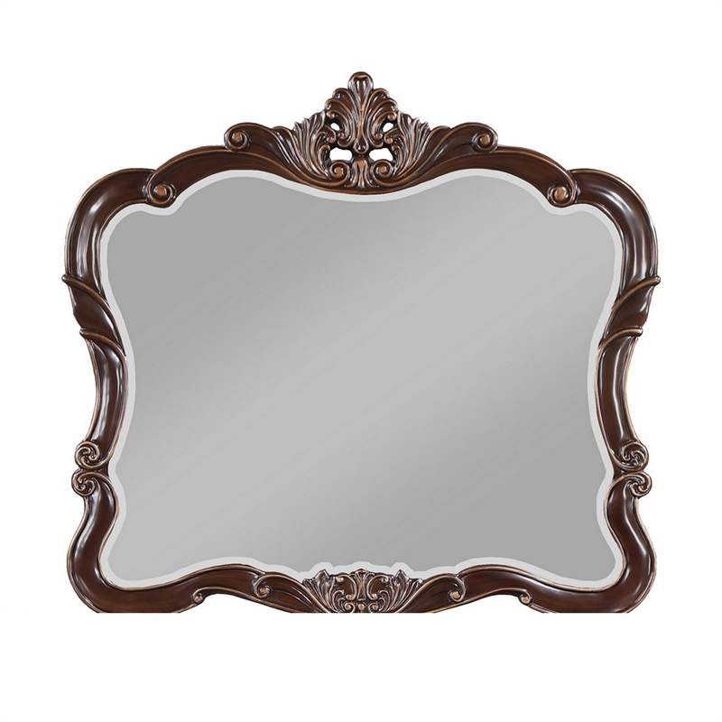 Benjara Leon 46 x 47 Dresser Mirror- Beveled- Carved Details- Dark Walnut Finish