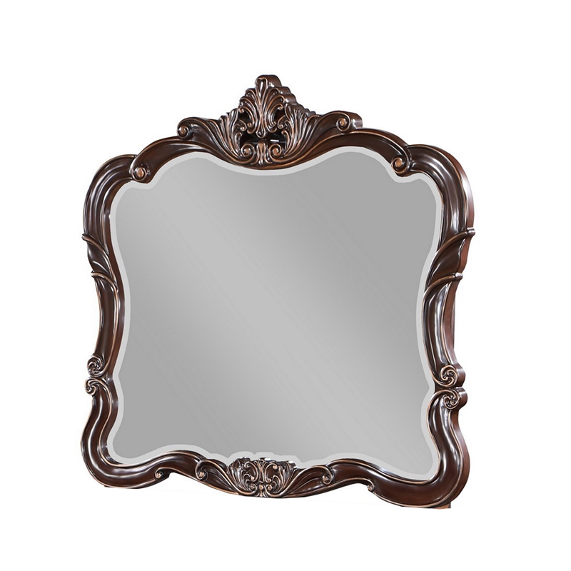 Benjara Leon 46 x 47 Dresser Mirror- Beveled- Carved Details- Dark Walnut Finish