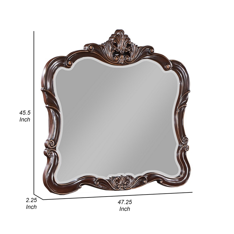 Benjara Leon 46 x 47 Dresser Mirror- Beveled- Carved Details- Dark Walnut Finish