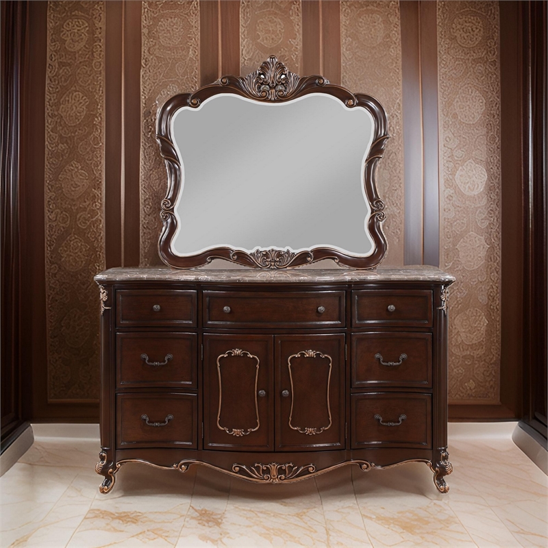 Benjara Leon 46 x 47 Dresser Mirror- Beveled- Carved Details- Dark Walnut Finish