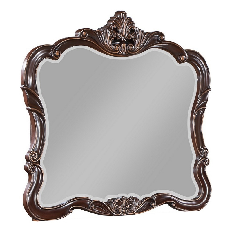 Benjara Leon 46 x 47 Dresser Mirror- Beveled- Carved Details- Dark Walnut Finish