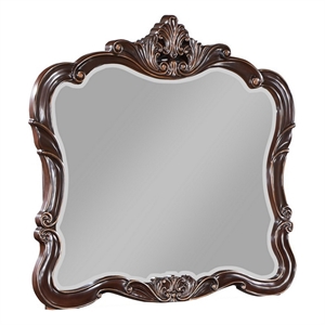 Benjara Leon 46 x 47 Dresser Mirror- Beveled- Carved Details- Dark Walnut Finish