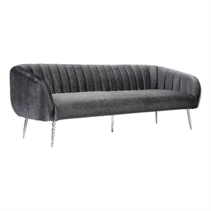 Benjara Decy 74&quot Sofa- Channel Stitched- Cushioned Seat- Gray Velvet- Silver