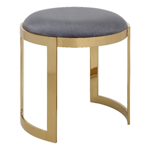 Benjara Niyo 19&quot Accent Stool Ottoman- Round Cushioned Gray Velvet Seat- Gold