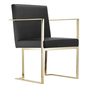 Benjara Boly 24&quot Dining Armchair- Plush Black Faux Leather- Gold Cantilever