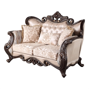 Benjara Cona 70&quot Loveseat- Gold Carved Details- Brown- Button Tufted Beige