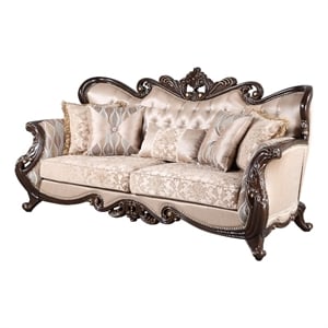 Benjara Cona 95&quot Sofa- Classic Gold Carved Details- Brown- Button Tufted Beige