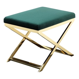 Benjara Sovi 24&quot Accent Stool Ottoman Bench- Plush Green Velvet- Gold X Base