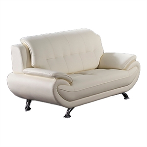 Benjara Olaf 69&quot Loveseat- Tufted Ivory Faux Leather- Chrome Metal- Wood