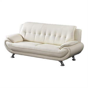 Benjara Olaf 82&quot Sofa- Tufted Ivory Faux Leather Upholstery- Chrome Metal- Wood
