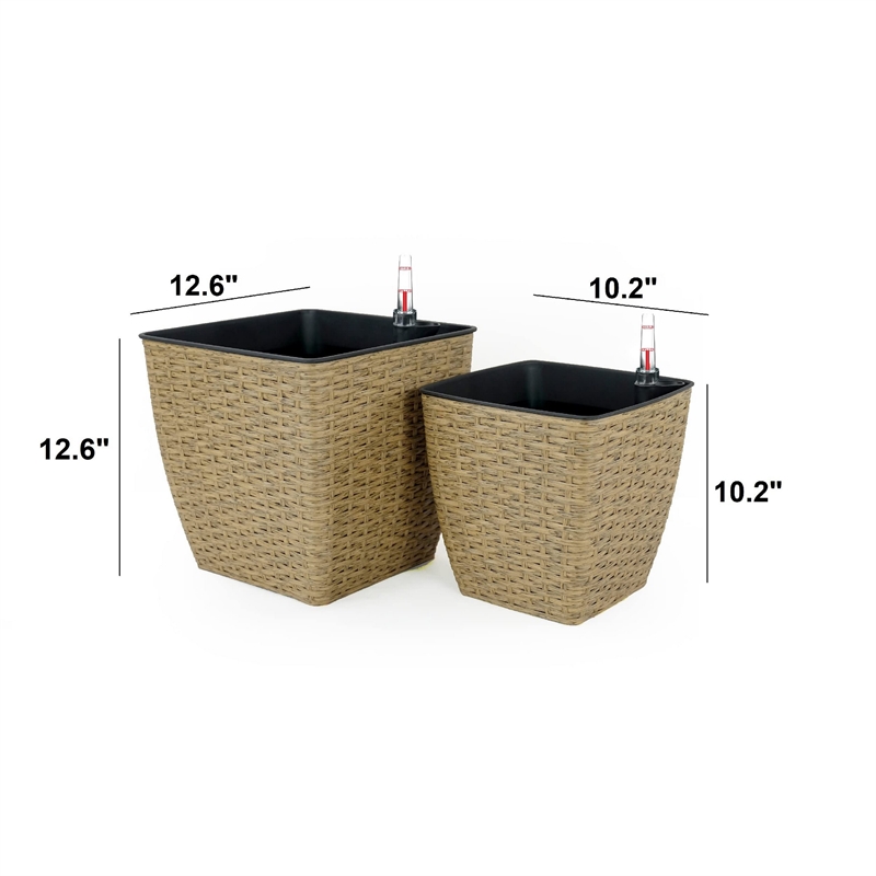 Benjara Aly Self Watering Planter Set of 2- Intricately Hand Woven Rattan- Brown