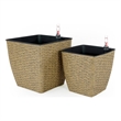 Benjara Aly Self Watering Planter Set of 2- Intricately Hand Woven Rattan- Brown