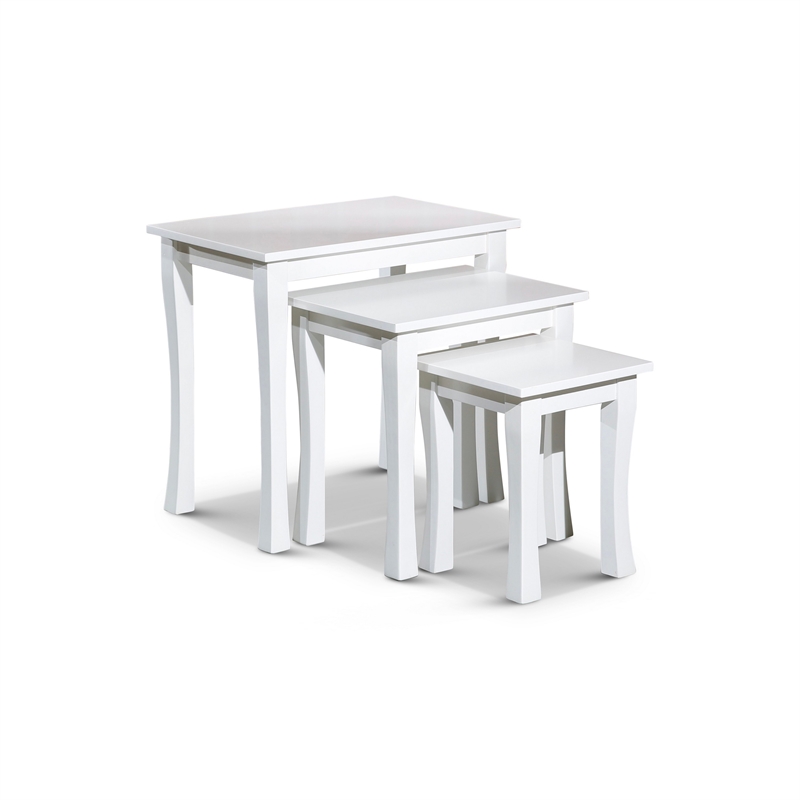 Benjara Yoni 3 PC Nesting Side Table Set- Square- Flared Legs- White Wood Finish