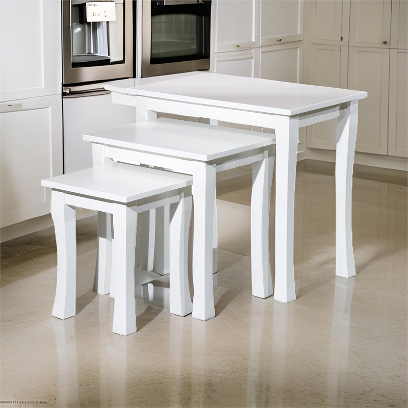 Benjara Yoni 3 PC Nesting Side Table Set- Square- Flared Legs- White Wood Finish