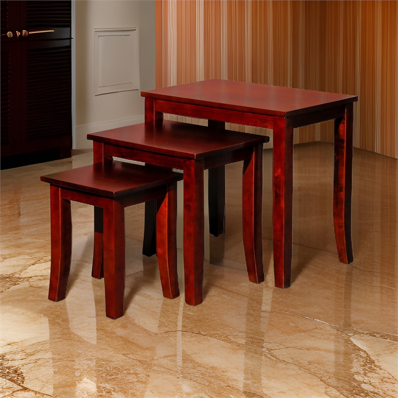 Benjara Yoni 3 PC Nesting Side Table Set- Square- Flared Legs- Cherry Brown Wood