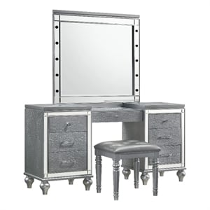 Benjara Lee 64&quot Vanity Table- Embossed Inlay- 7 Mirror Accented Drawers- Gray