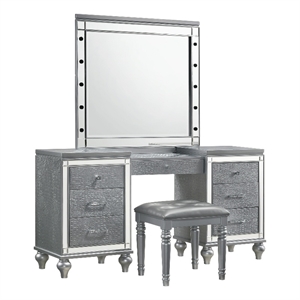 Benjara Lee 64&quot Vanity Table- Embossed Inlay- 7 Mirror Accented Drawers- Gray