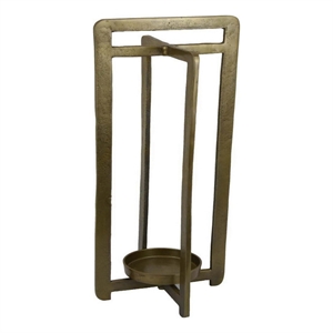 Benjara Eya 25&quot Modern Tabletop Candle Lantern with Round Plate- Gold Metal