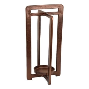 Benjara Eya 21&quot Modern Tabletop Candle Lantern with Round Plate-Copper Metal