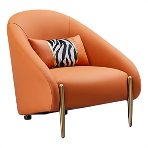 Benjara Kie 33&quot Accent Chair- Pillow- Curved- Orange Real Leather- Gold Metal