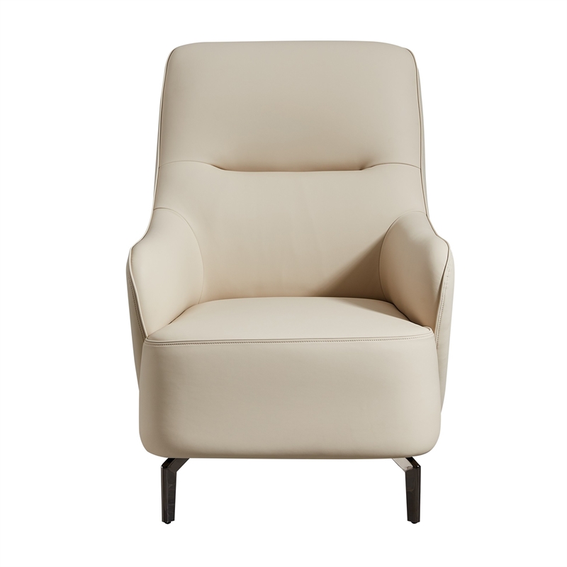 Benjara Lavy Accent Chair Armchair- Tall Back- Cream Real Leather Upholstery