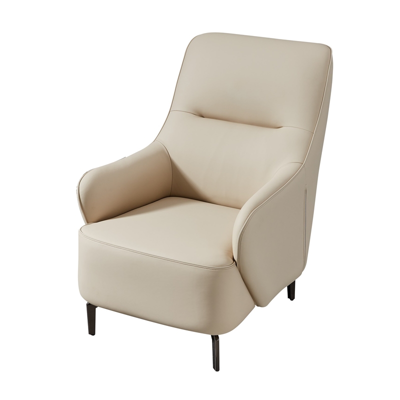 Benjara Lavy Accent Chair Armchair- Tall Back- Cream Real Leather Upholstery