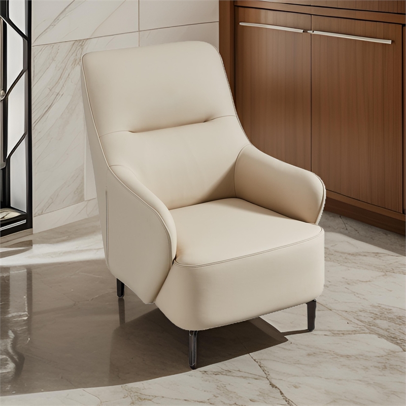 Benjara Lavy Accent Chair Armchair- Tall Back- Cream Real Leather Upholstery