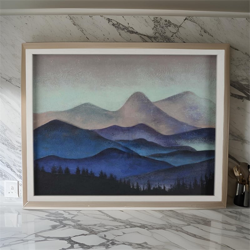 Benjara 28 x 28 Framed Wall Art Painting- Mountains- Natural Fiber- Multicolor