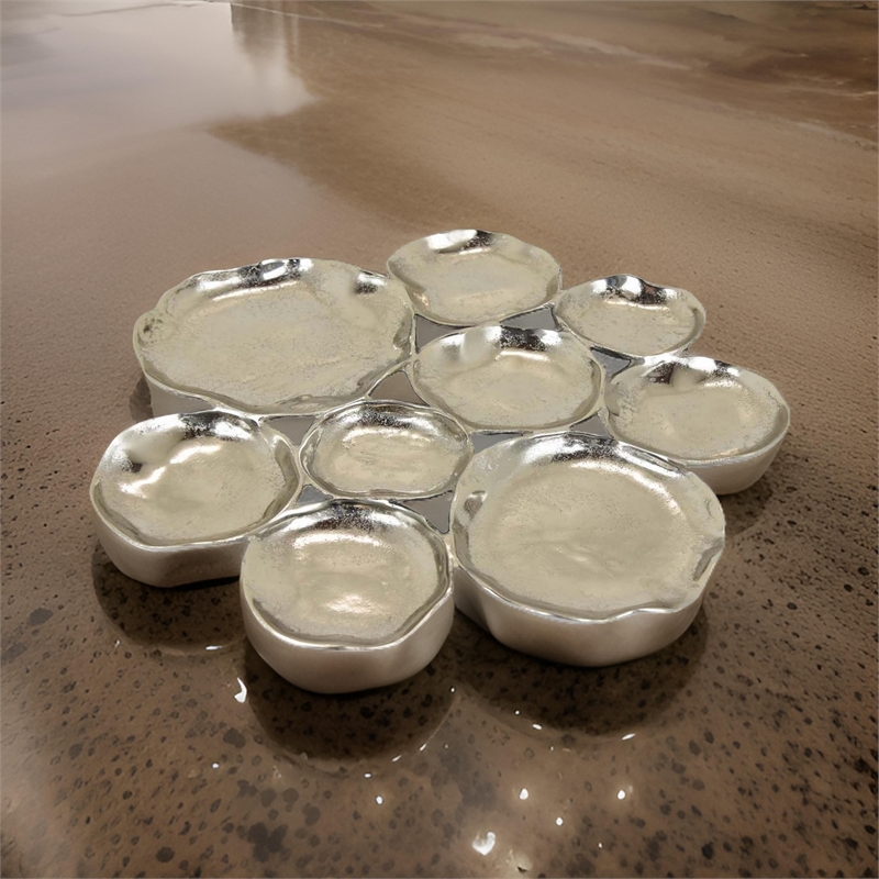 Benjara Jiva 9 Piece Decorative Bowl Set- Irregular Shaped Design- Silver Metal
