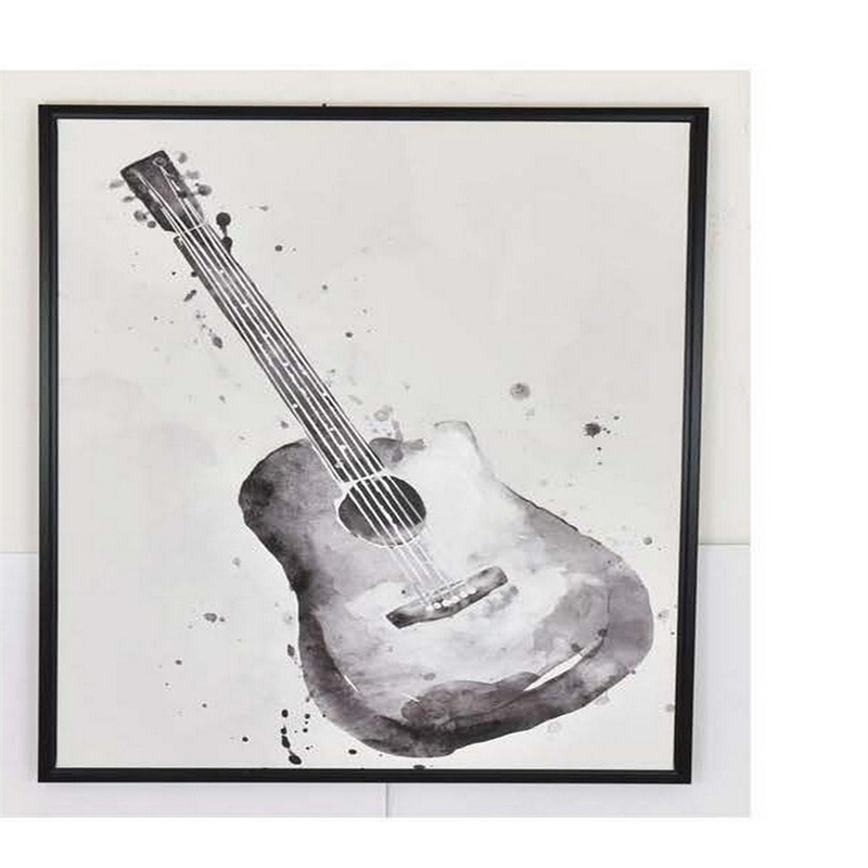 Benjara 30 x 40 Framed Wall Art Painting- Guitar and Piano- Black- White