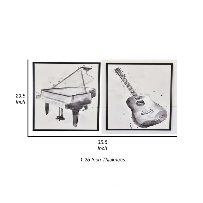 Benjara 30 x 40 Framed Wall Art Painting- Guitar and Piano- Black- White