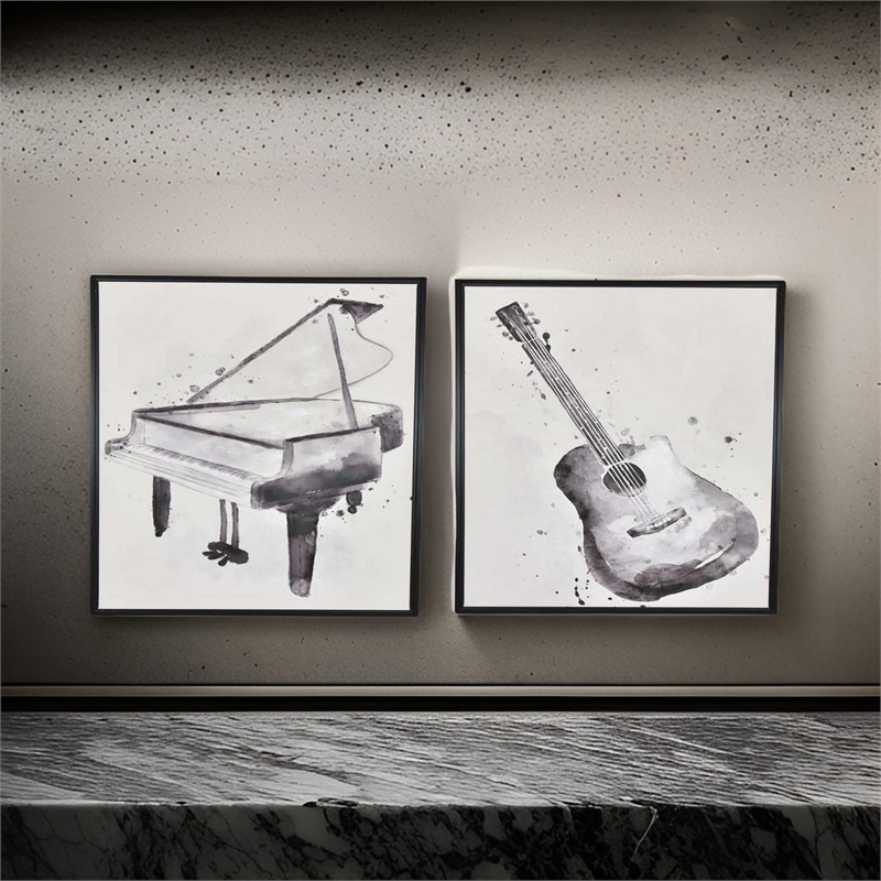 Benjara 30 x 40 Framed Wall Art Painting- Guitar and Piano- Black- White