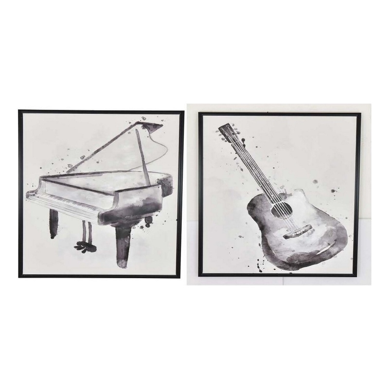 Benjara 30 x 40 Framed Wall Art Painting- Guitar and Piano- Black- White