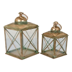 Benjara 20&quot Decorative Lantern Set of 2- Glass Panel- Cross Metal Frame- Gold