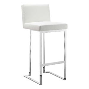Benjara Boly 30&quot Barstool Chair- White Faux Leather- Cushions- Chrome Steel