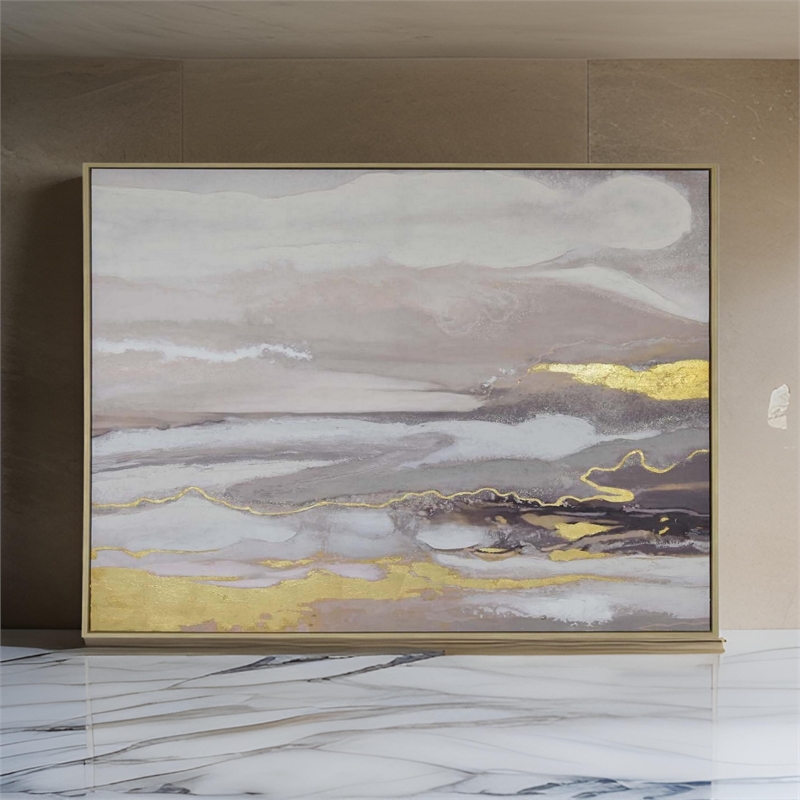 Benjara 59 x 59 Framed Canvas Oil Painting-Abstract Natural Fiber Gray/Gold/Blue