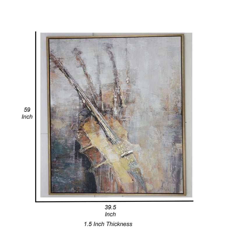 Benjara 40 x 59 Framed Canvas Oil Painting- Guitar- Natural Fiber- Gray & Brown