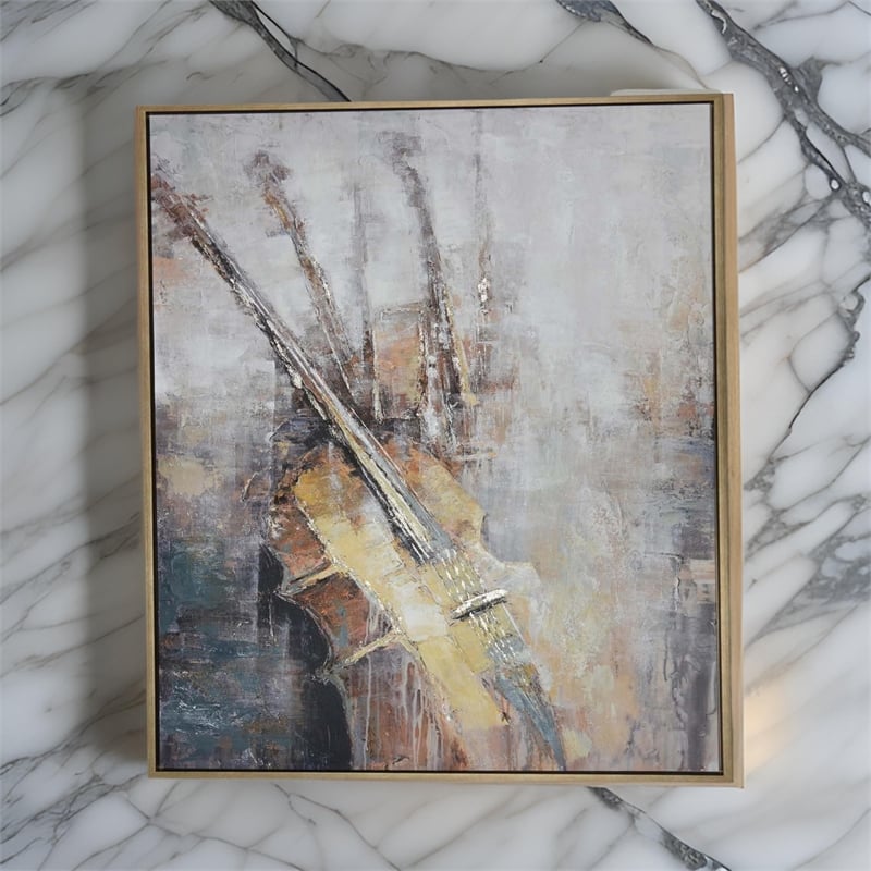 Benjara 40 x 59 Framed Canvas Oil Painting- Guitar- Natural Fiber- Gray & Brown