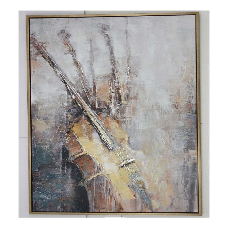 Benjara 40 x 59 Framed Canvas Oil Painting- Guitar- Natural Fiber- Gray & Brown