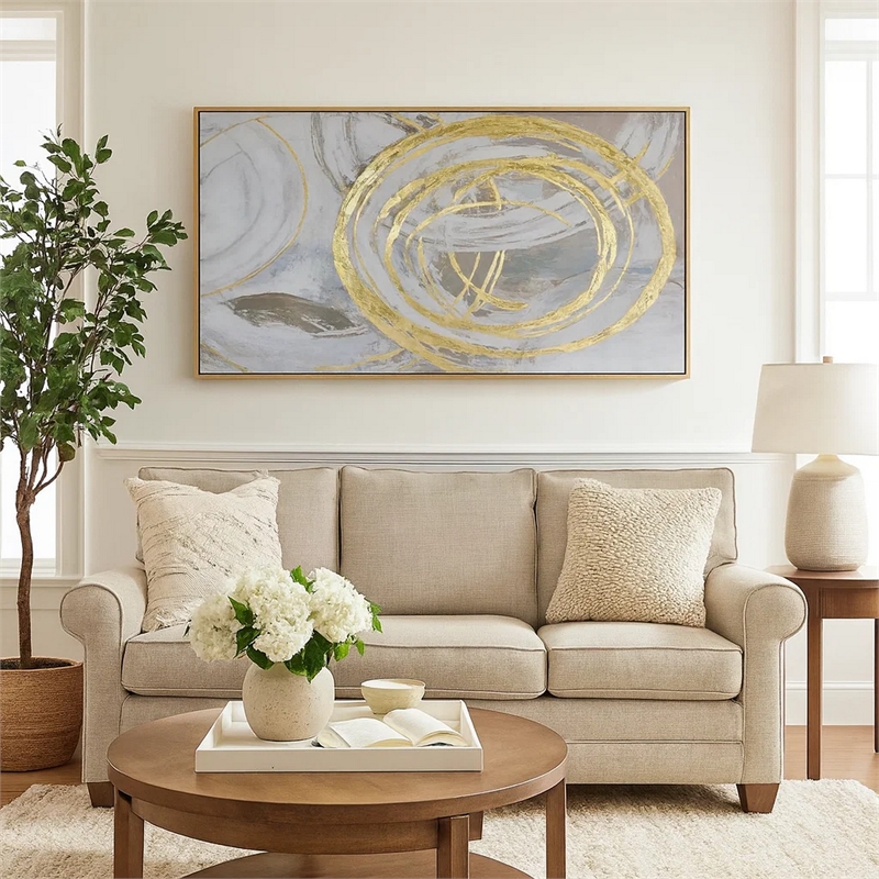 Benjara 51 x 81 Framed Canvas Oil Painting- Abstract- Natural Fiber- Gray- Gold