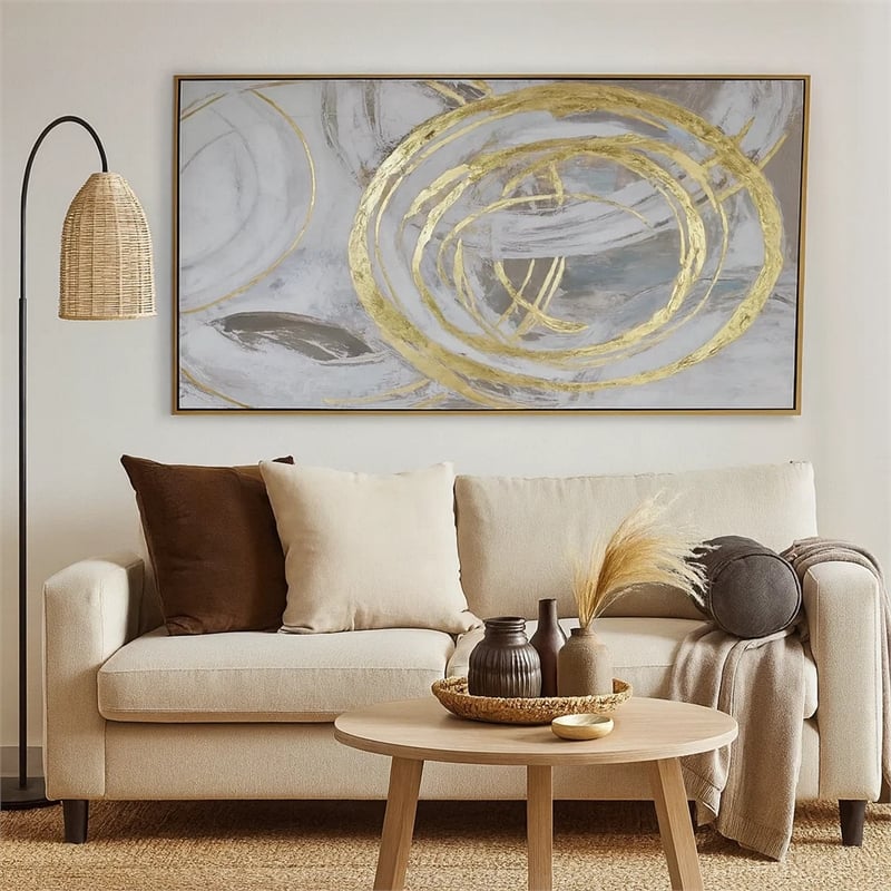 Benjara 51 x 81 Framed Canvas Oil Painting- Abstract- Natural Fiber- Gray- Gold