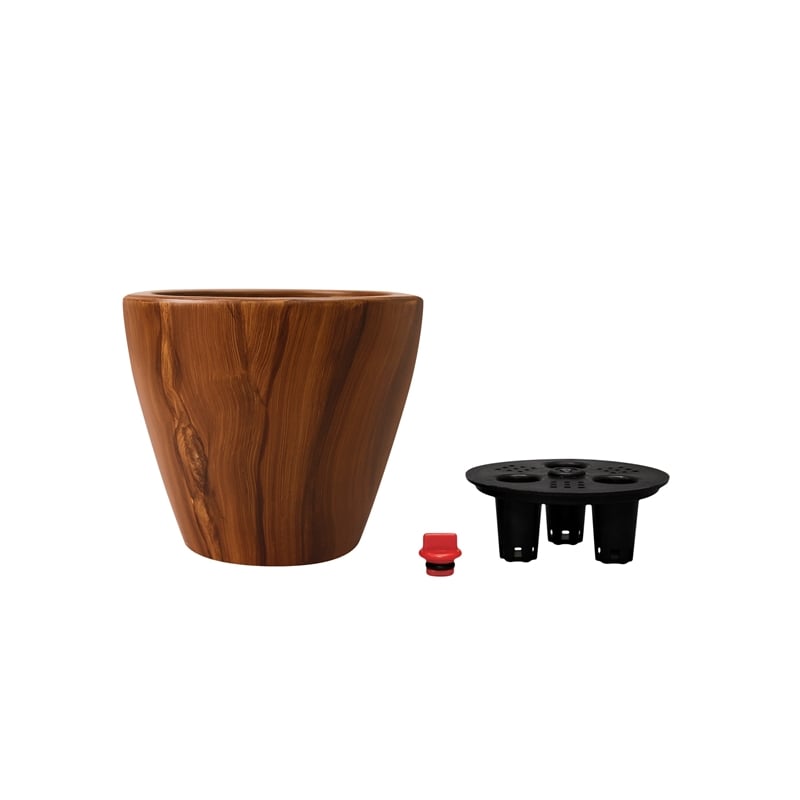 Benjara Shyo Self Watering Planter Set of 2- Round Pots- Dark Brown Faux Wood