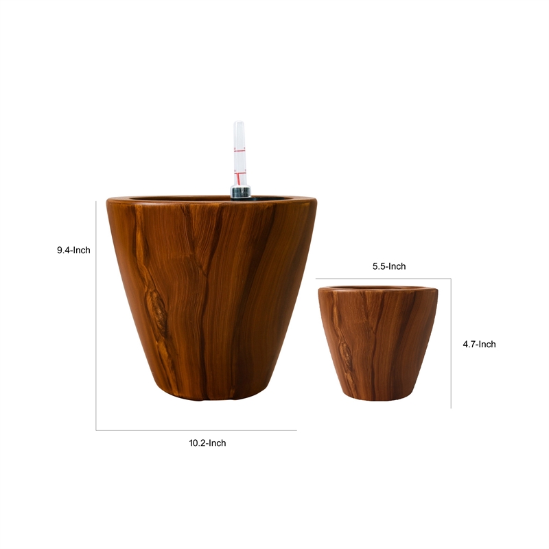 Benjara Shyo Self Watering Planter Set of 2- Round Pots- Dark Brown Faux Wood