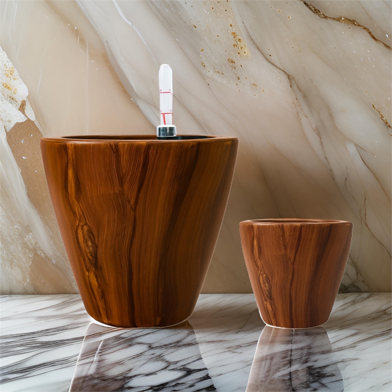 Benjara Shyo Self Watering Planter Set of 2- Round Pots- Dark Brown Faux Wood